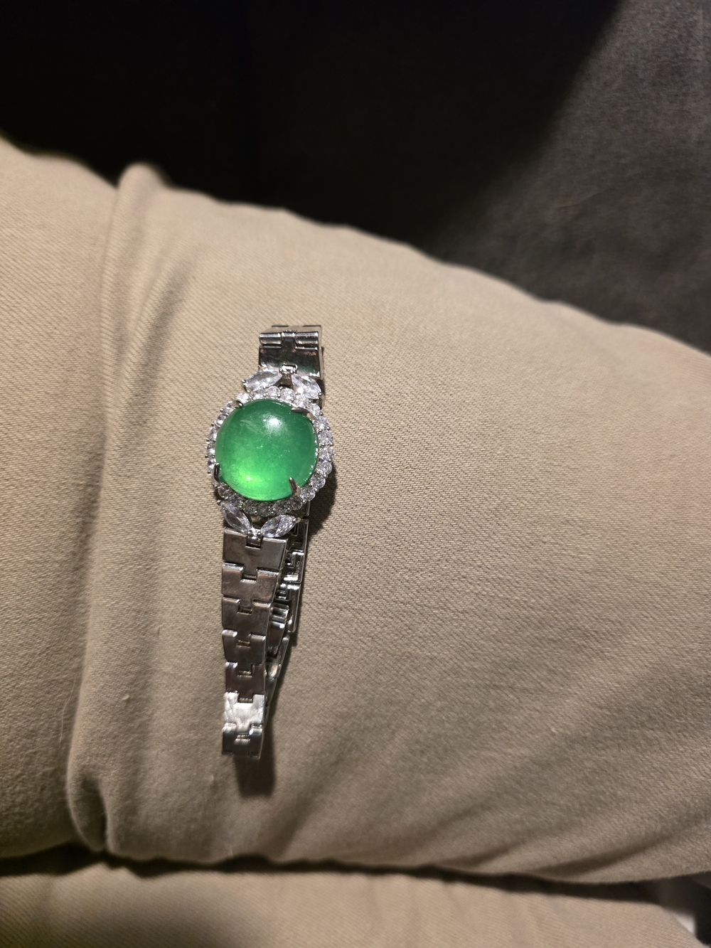 Silver Bracelet Watch with Green Jade Center